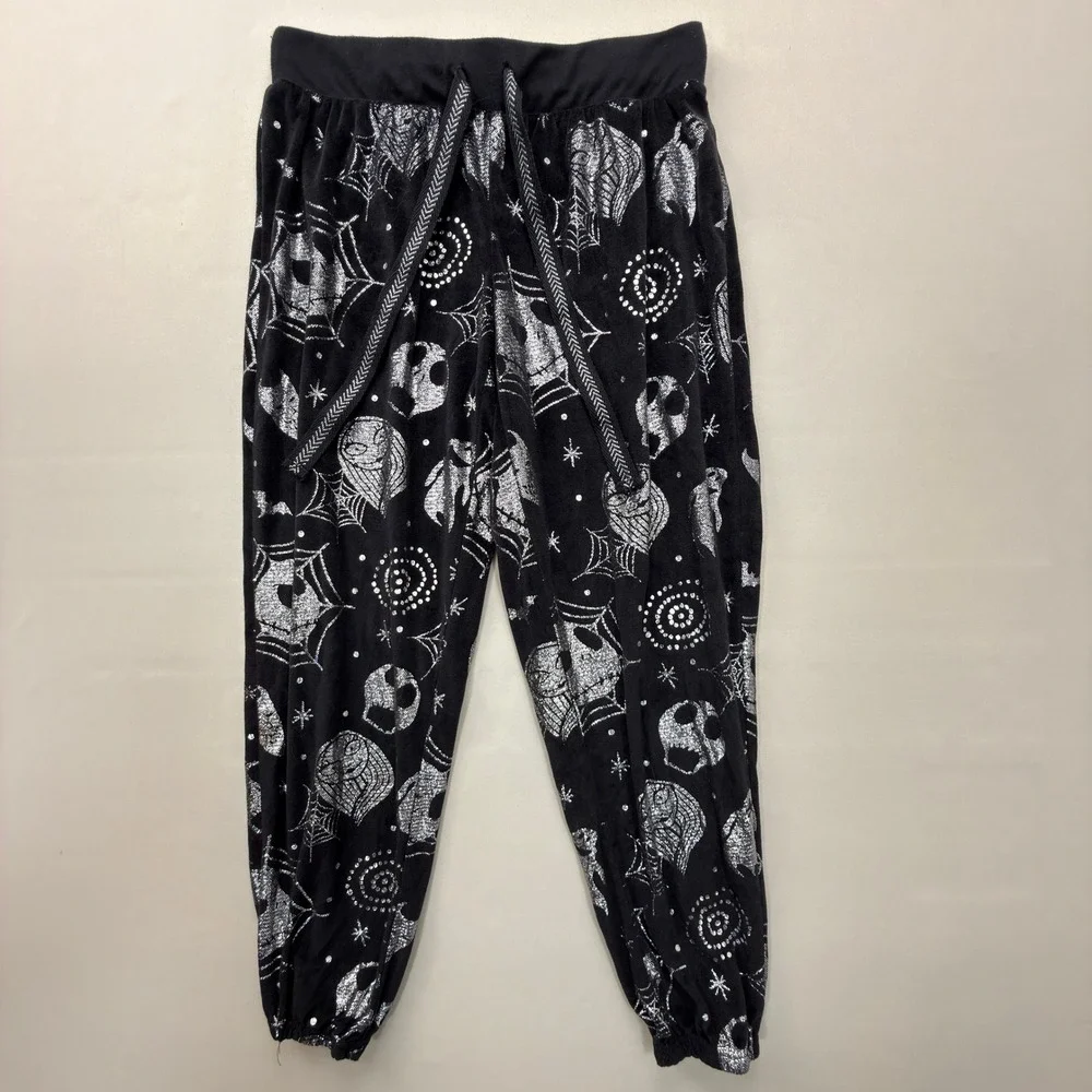 Disney Nightmare Before Christmas Womens Small Joggers Silver Foil Black Velvet - Picture 2 of 5